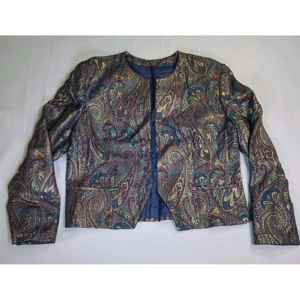 Vintage Talbots Blue Metallic Colorful Paisley Tapestry Blazer Suit Jacket Sz 16